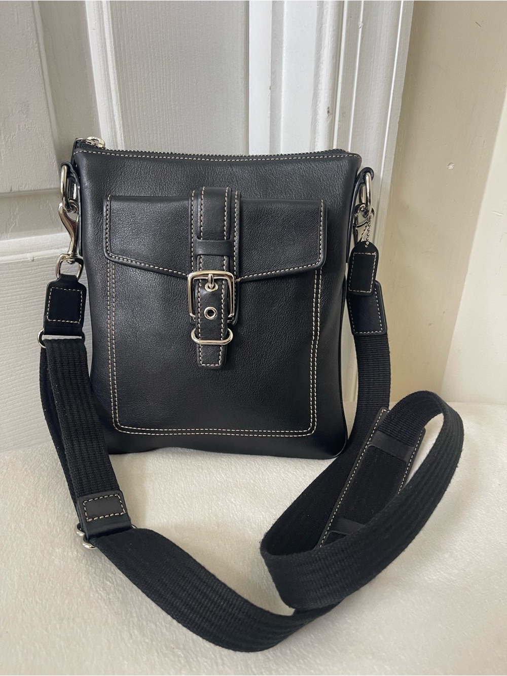 Coach Black Leather Crossbody Bag with Silver Hardware